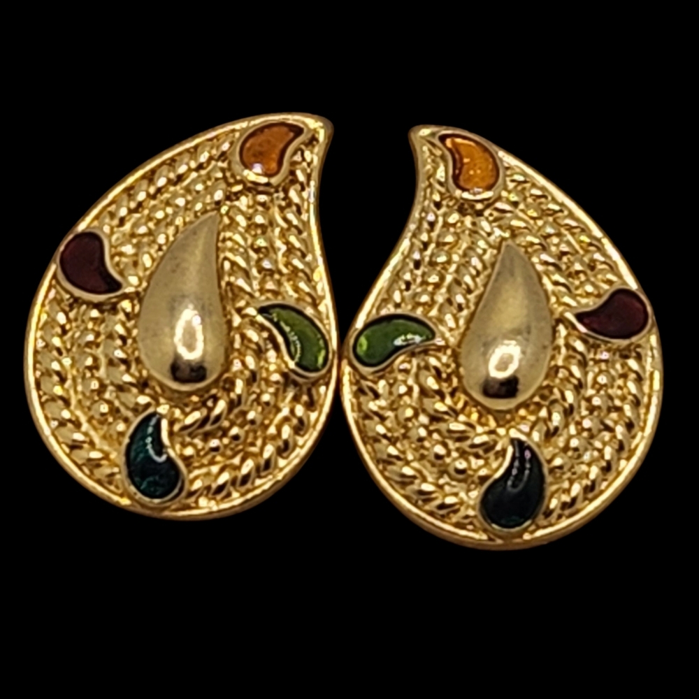Avon Womens Vintage Gold Tone Teardrop Earrings with Emeral Multicolor Accents - Picture 3 of 7